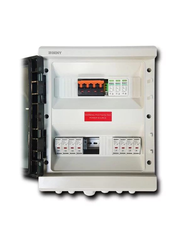 Box for paralleling four solar panels with lightning arrester and circuit breaker