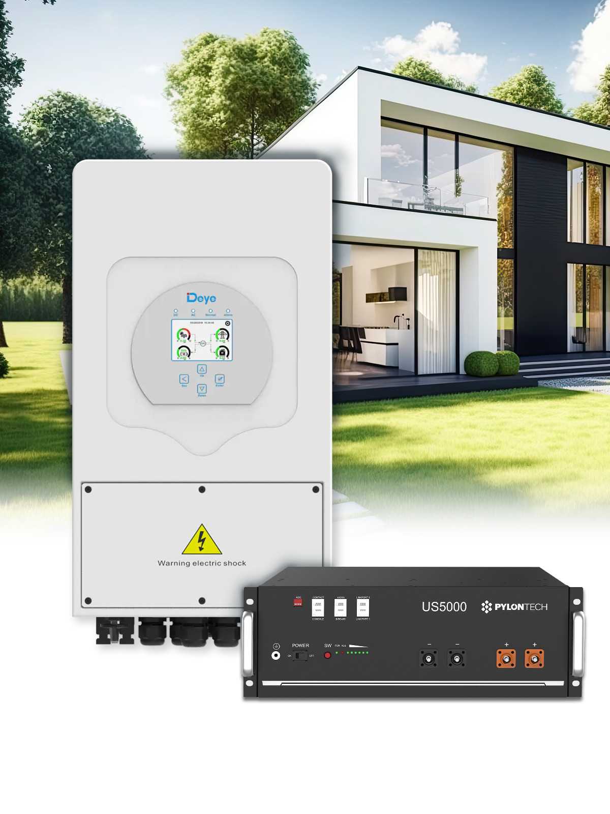 Deye 10 kVA driefasige omvormer en Pylontech lithium-accupakket