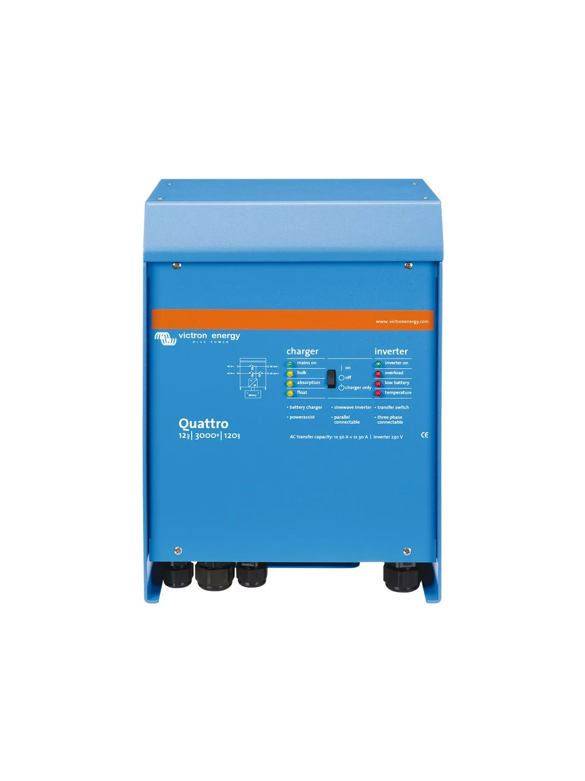 Inverter Victron Quattro 12V : from 3000 to 5000VA, 24V : from 3000 to 8000VA, 48V : from 5000 to 10000VA