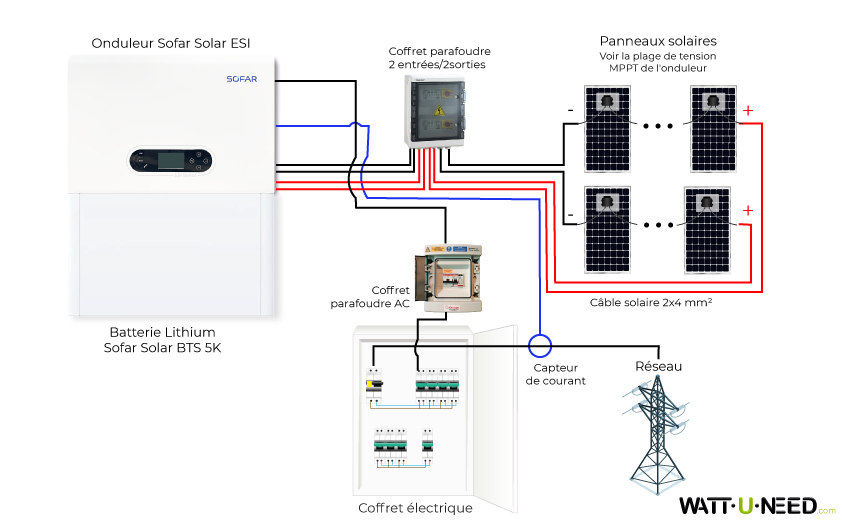 Schéma de branchement avec l'onduleur SOFAR ESI et la batterie sofar solar