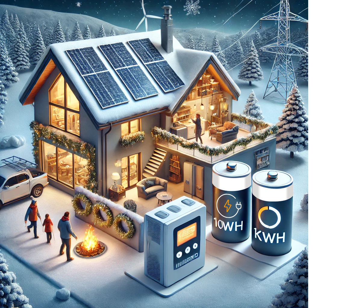 illustration d'une maison avec système photovoltaique. Batterie et panneaux solaires. Thème de l'hiver