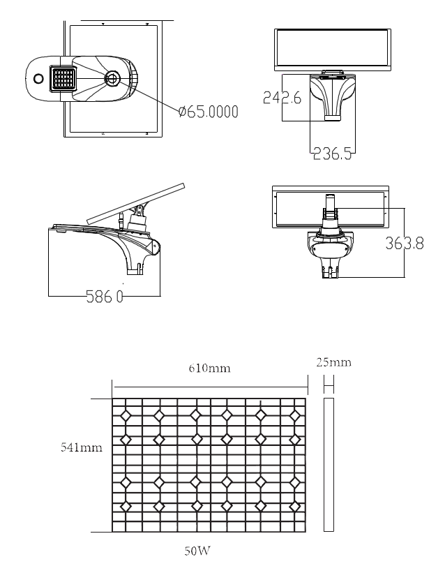 Dimensions of the solar spot and the photovoltaic panel