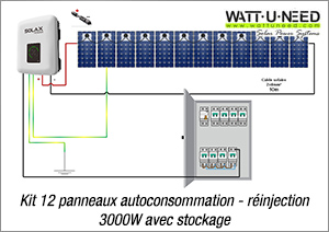 Kit 12 panneaux autoconsommation - réinjection 3000W avec stockage