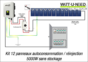 Kit 12 panneaux autoconsommation / réinjection 5000W sans stockage