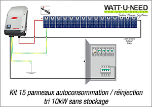 Kit 15 panneaux autoconsommation / réinjection tri 10kW sans stockage