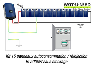 Kit 15 panneaux autoconsommation / réinjection tri 5000W sans stockage