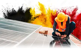 Installer mounts solar panel on tiled roof, with Belgian flag in the background