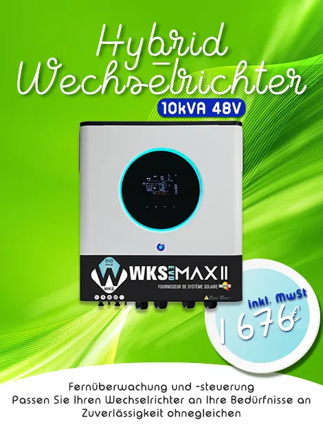 Hybrid-Wechselrichter WKS Evo MAX II 10kVA 48V auf einem abstrakten grünen Hintergrund. Zum Preis von 1676€ inkl. MwSt. Highlights: Fernüberwachung und -steuerung, Passen Sie Ihre USV an Ihre Bedürfnisse an, Hohe Zuverlässigkeit.