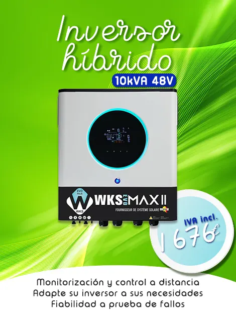 SAI híbrido WKS Evo MAX II 10kVA 48V sobre fondo verde abstracto. A un precio de 1676 € IVA incluido. Características: Supervisión y control remotos, Adapte su inversor a sus necesidades, Fiabilidad sin concesiones