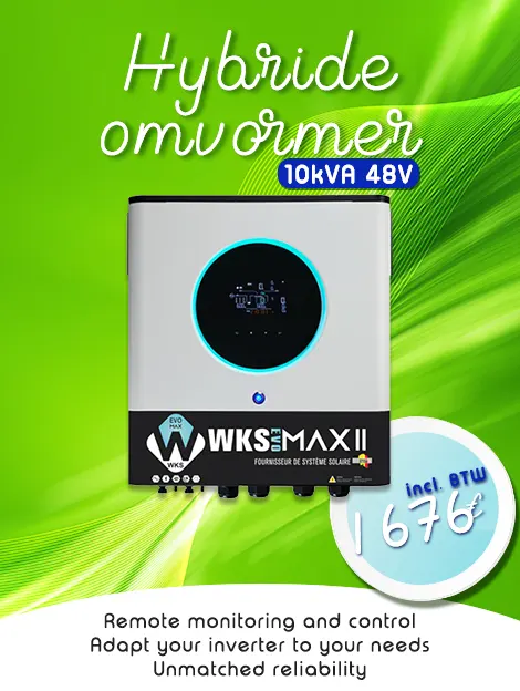 Hybride UPS WKS Evo MAX II 10kVA 48V op een abstract groene achtergrond. Voor een prijs van €1676 inclusief BTW. Kenmerken: Bewaking en regeling op afstand, Pas uw omvormer aan uw behoeften aan, Compromisloze betrouwbaarheid