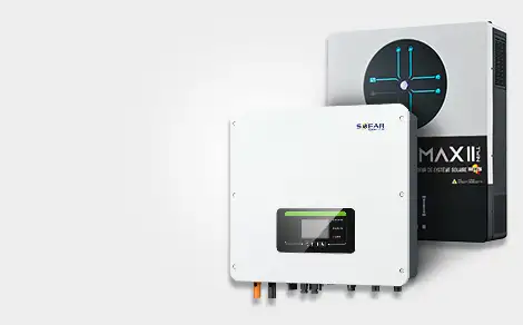 Exemples d'onduleurs hybrides : Sofar Solar et WKS EVO MAX II, sur fond gris