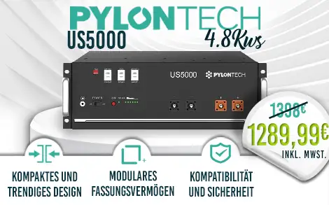 Pylontech US5000 Solarakku mit kompaktem Design, Kapazität; modular, kompatibel und sicher, für 1398 € inkl. MwSt. auf abstraktem blauem und grünem Hintergrund.