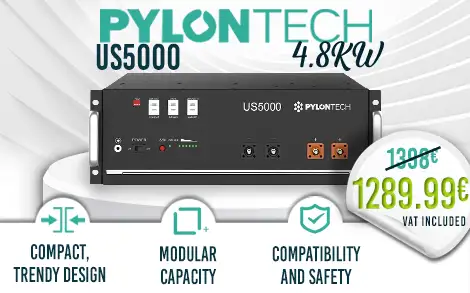 Pylontech US5000 solar battery with compact design, capacity, modularity, compatibility and safety, at 1398 € incl. VAT on an abstract blue and green background