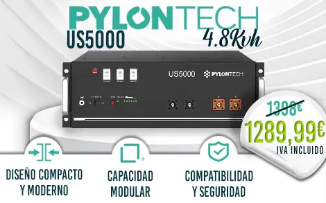 Batería solar Pylontech US5000 con diseño compacto, capacidad, modularidad, compatibilidad y seguridad, a 1398 euros IVA incl. sobre un fondo abstracto azul y verde