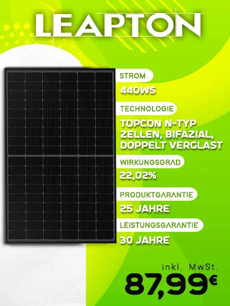 Leapton N-Type 440Wp TOPCon Bifacial Solarpanel mit abstrakt grünem Hintergrund. Beschreibung: 440Wp Leistung, Technologie: N-Type TOPCON Zellen, Bifacial, Doppelverglasung. Wirkungsgrad: 22,02%. Garantie auf das Produkt: 25 Jahre. Leistungsgarantie: 30 Jahre. Zum Preis von 87,99€ TTV.