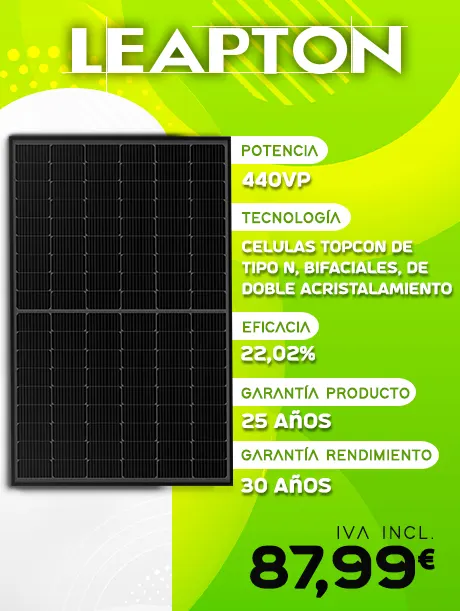 Panel solar Leapton N-Type 440Wc TOPCON bifacial sobre fondo verde abstracto. Descripción: Potencia de 440Wp, Tecnología: Células N-Type TOPCON, Bifacial, doble acristalamiento. Rendimiento: 22,02%. Garantía del producto: 25 años. Garantía de rendimiento: 30 años. A un precio de 87,99 euros TTV