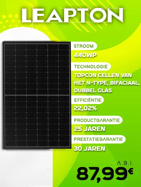 Zonnepaneel Leapton N-Type 440Wc TOPCON bifacial op abstracte groene achtergrond. Beschrijving: Vermogen van 440Wp, Technologie: N-Type TOPCON cellen, Bifacial, dubbele beglazing. Rendement: 22,02%. Productgarantie: 25 jaar. Prestatiegarantie: 30 jaar. Voor een prijs van €87,99 TTV